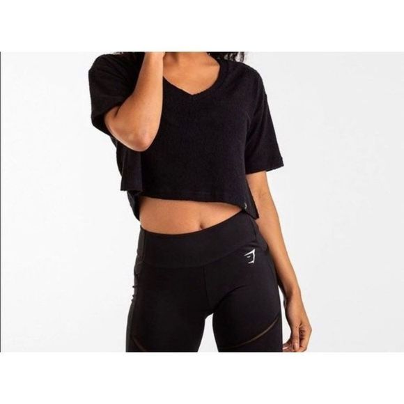 Gymshark Towel Tee Shirt Oversized Crop Top Black Large - Picture 1 of 7